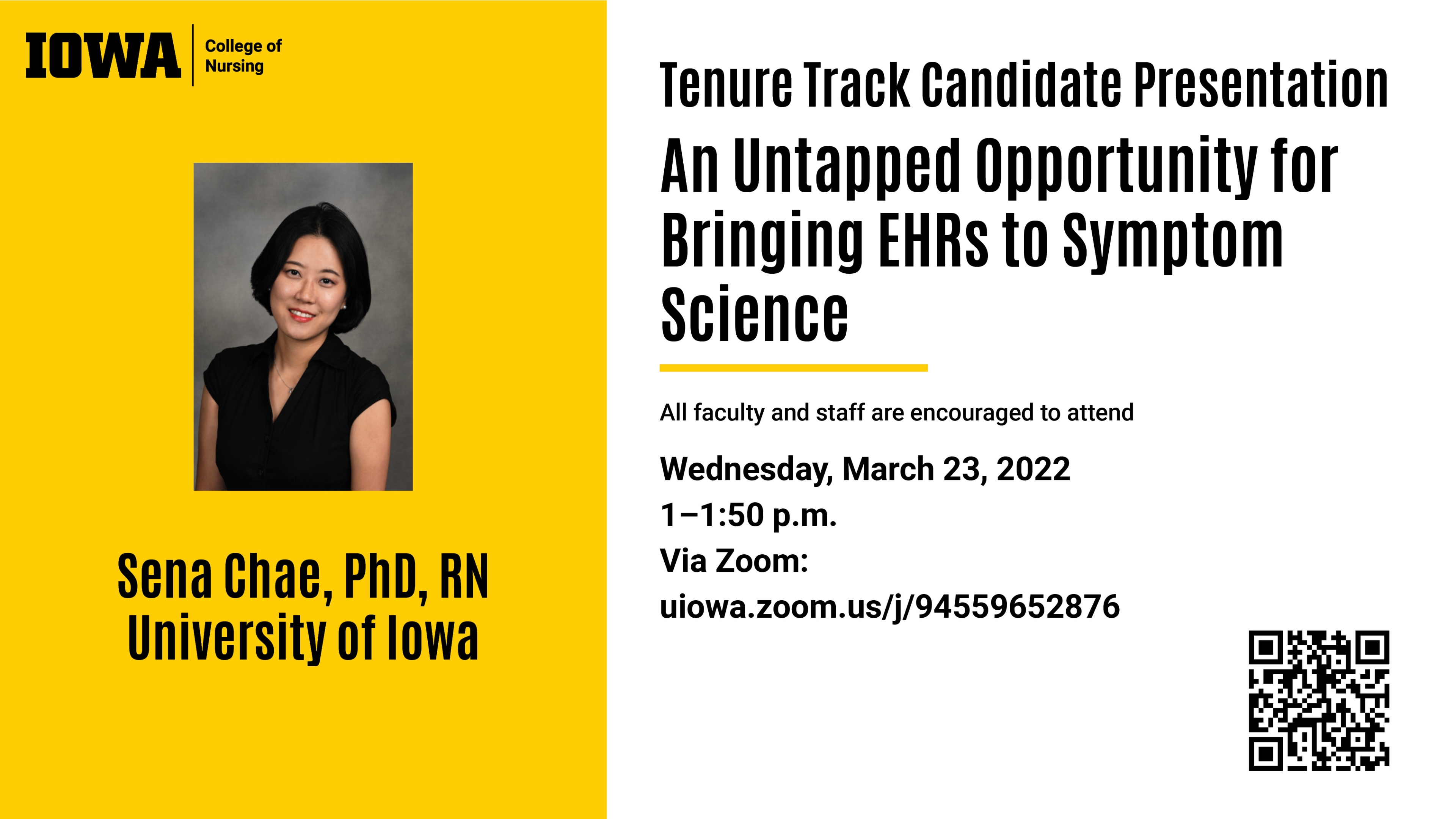 Tenure Track Candidate presentation - Sena Chae, Wed. March 23, 1:00 p.m.via zoom