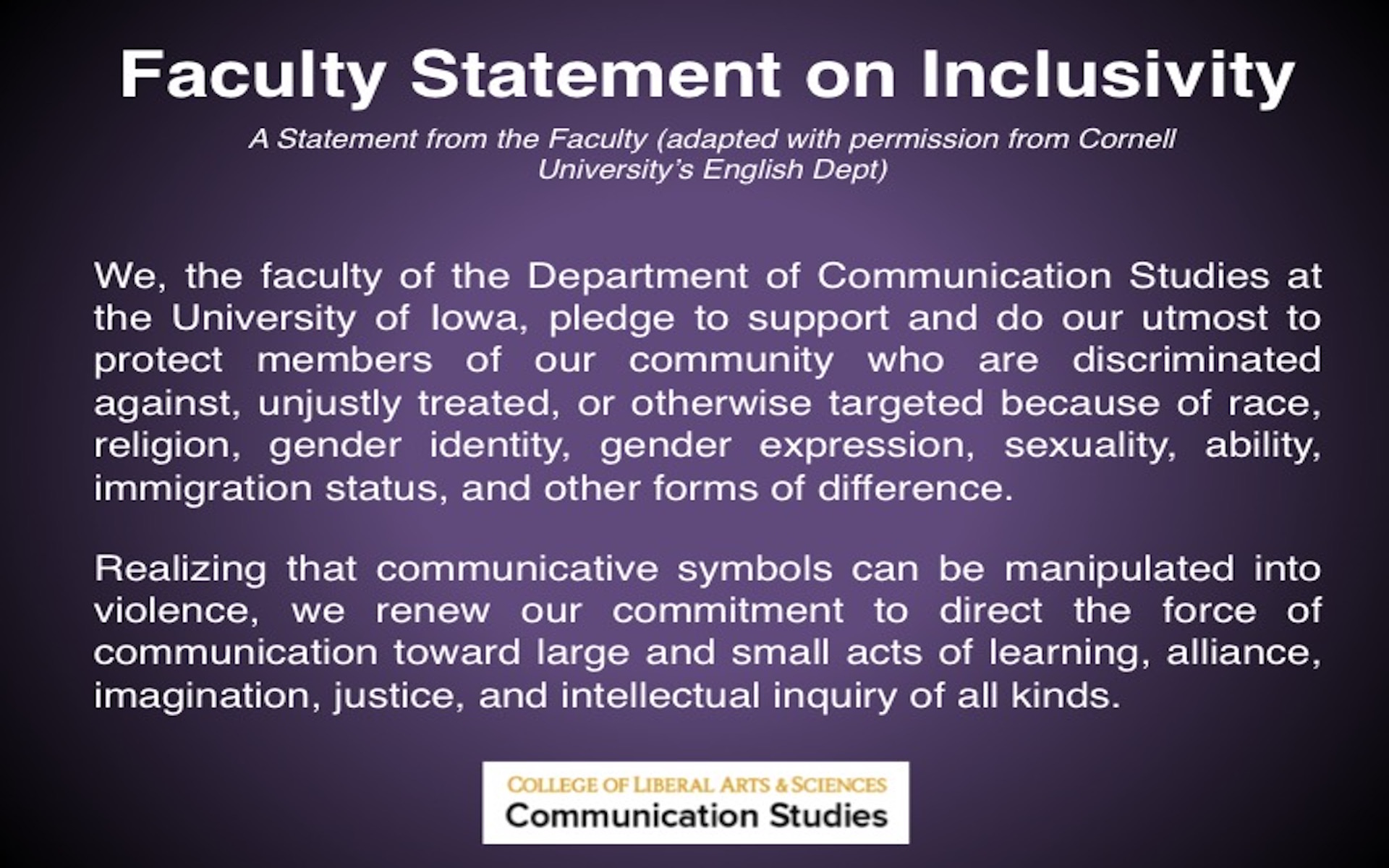 Faculty Statement on Inclusivity 