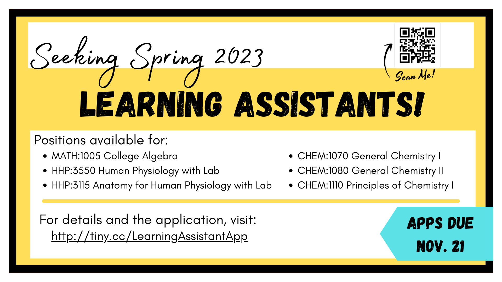 Seeking Spring 2023 Learning Assistants! For details and the application, visit http://tiny.cc/learningassisstantapp