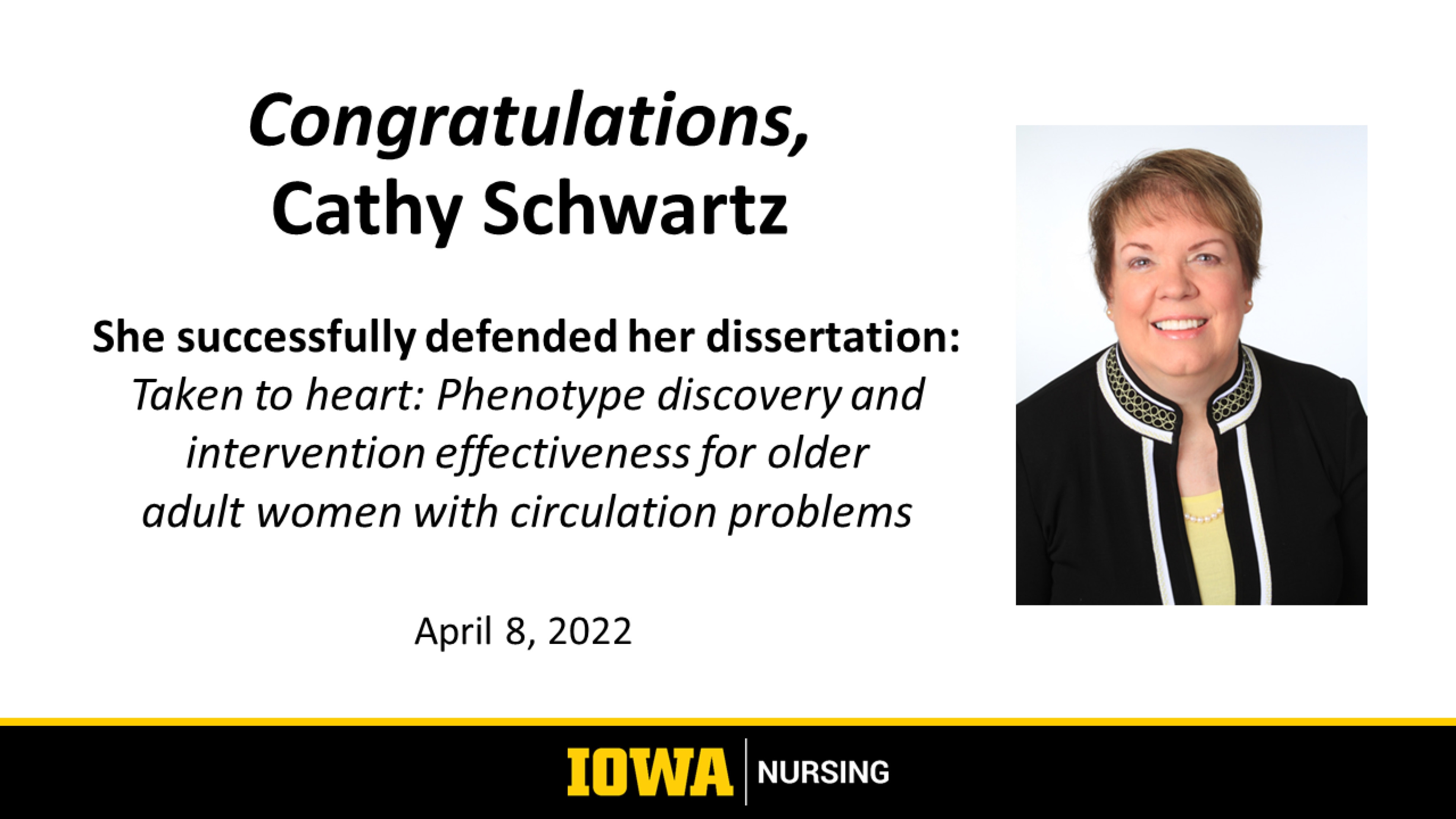 Congratulations to Cathy Schwartz for successful defense of her dissertation. 
