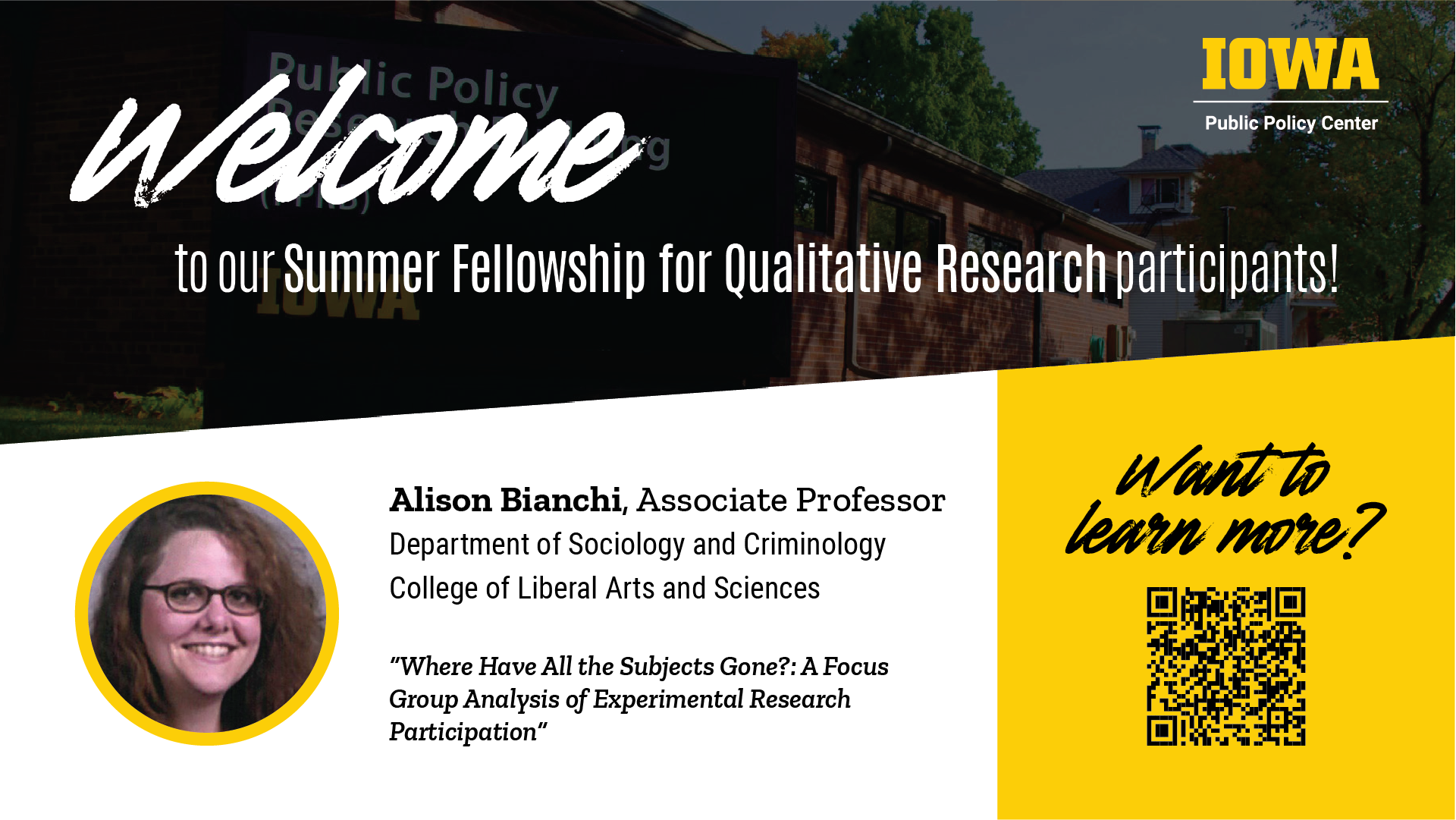 Alison Bianchi's headshot sits under text that reads "Welcome to our Summer Fellowship for Qualitative Research participants"