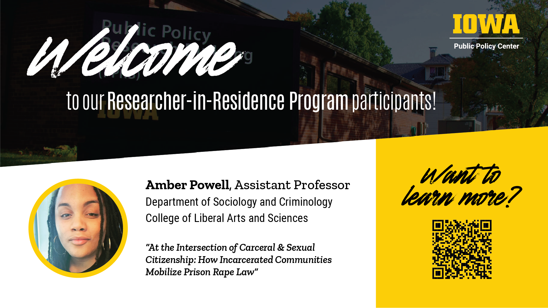 Amber Powell's headshot sits under text that reads "Welcome to our Researcher-in-Residence Program participants"