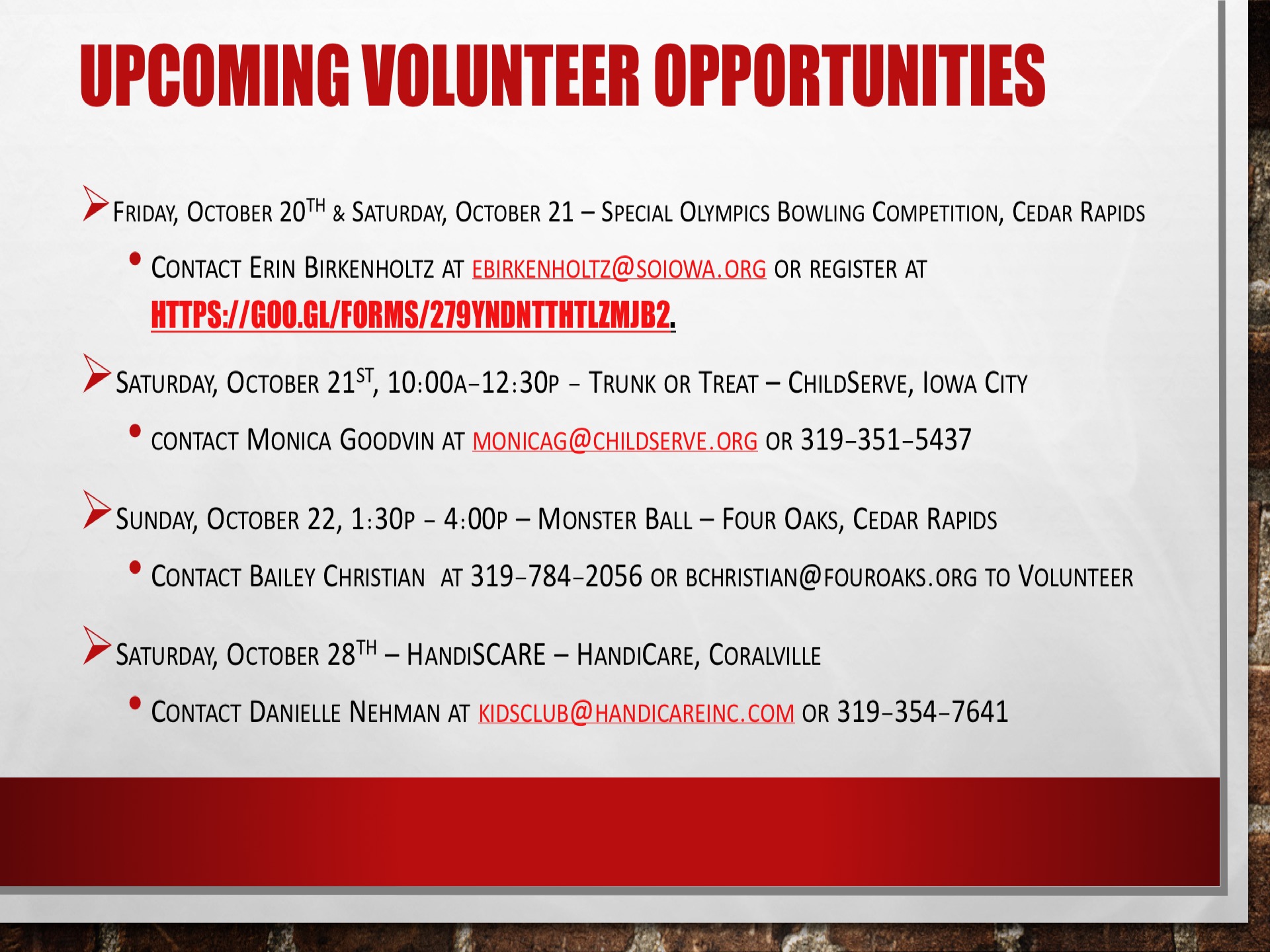 Red background with text describing upcoming volunteer opportunities.