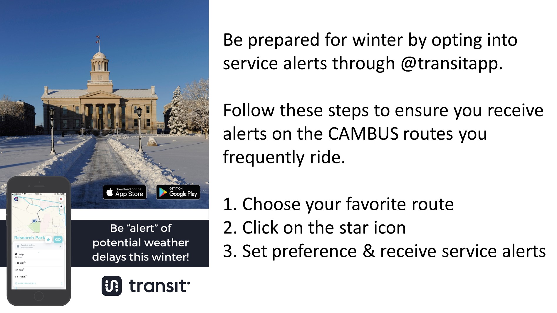 Use Transit app for Cambus winter service alerts