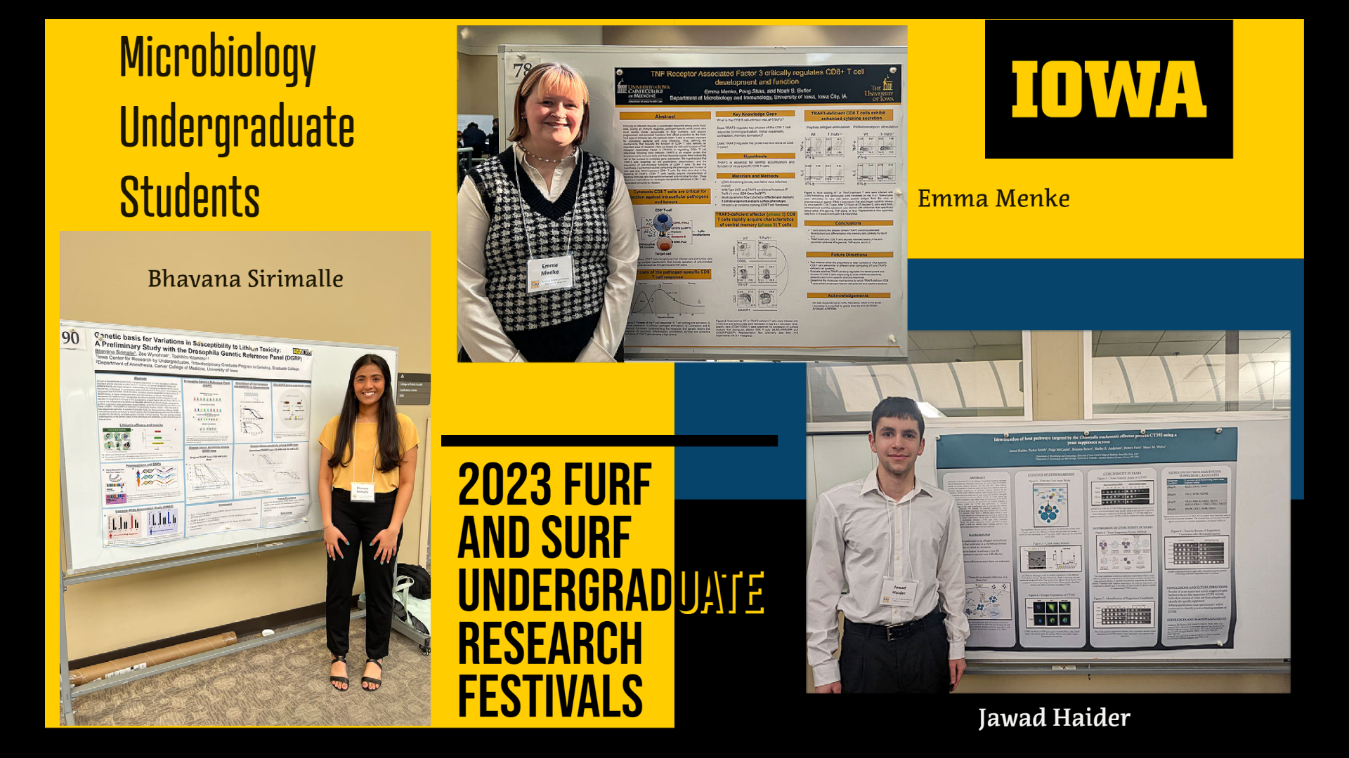 FURF and SURF Undergraduate Research Festival - March 2023 UG images of Jawad Haider, Bhavana Sirimalle, Emma Menke