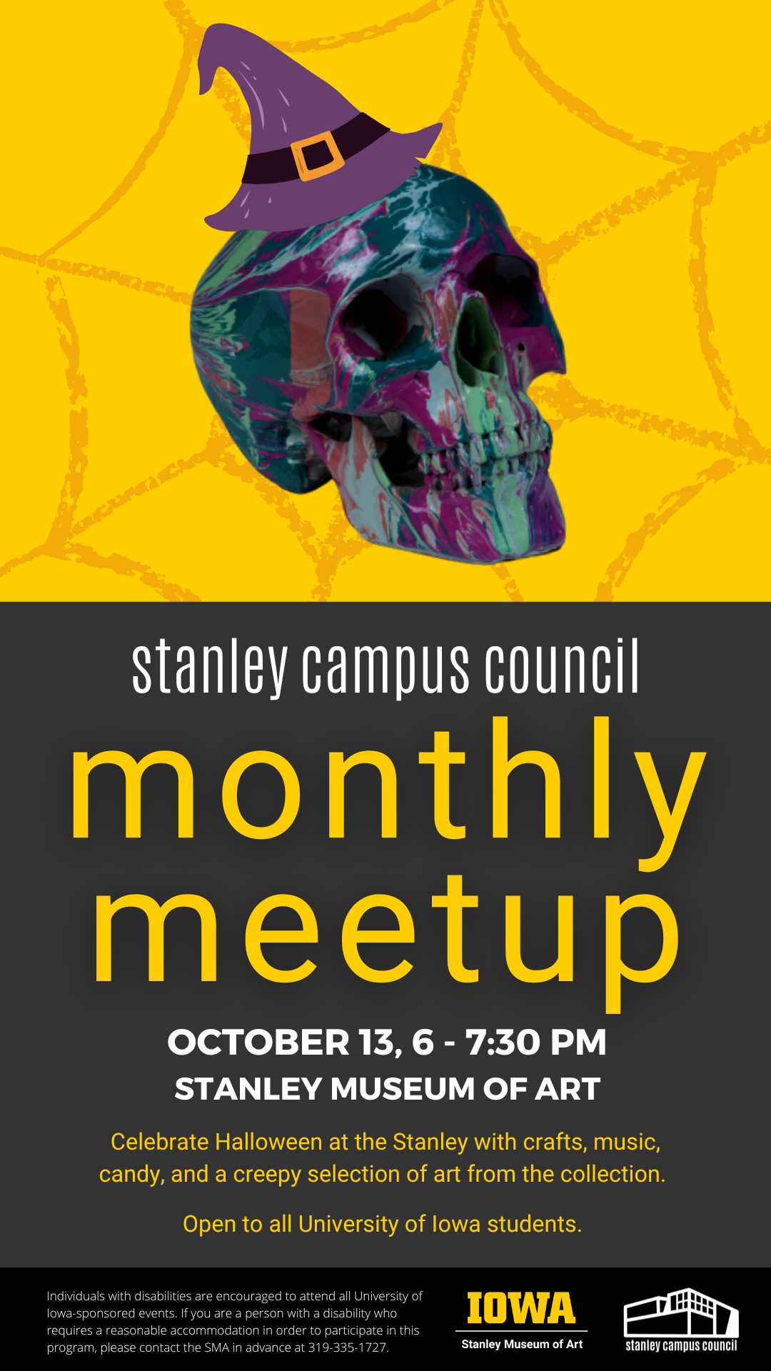 A scull wearing a witch hat in front of a cobweb. The words "Stanley Campus Council monthly meetup"