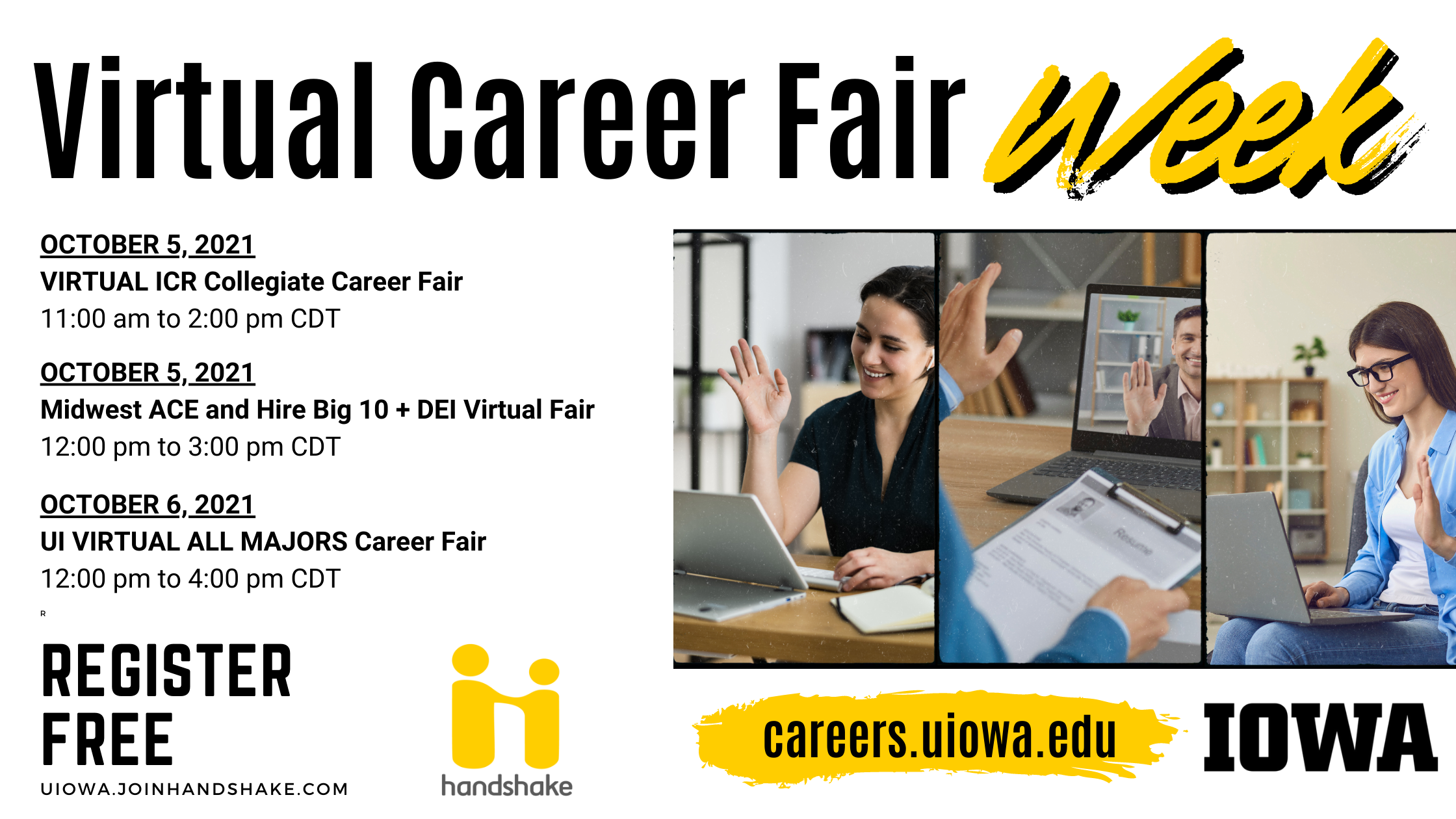 virtual career fair week October 5-6 uiowa.handshake.com