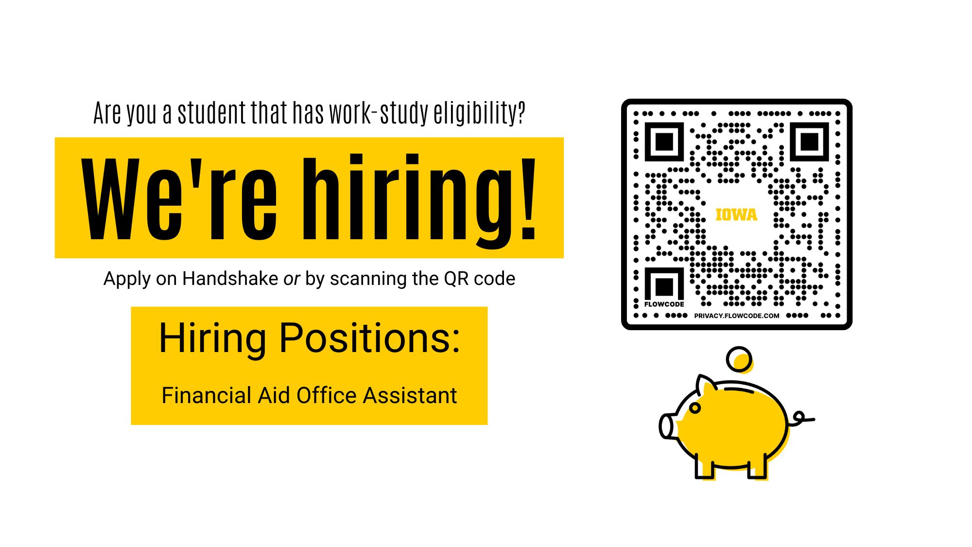 We are Hiring - Financial Aid Office Assistant - apply on Handshake!