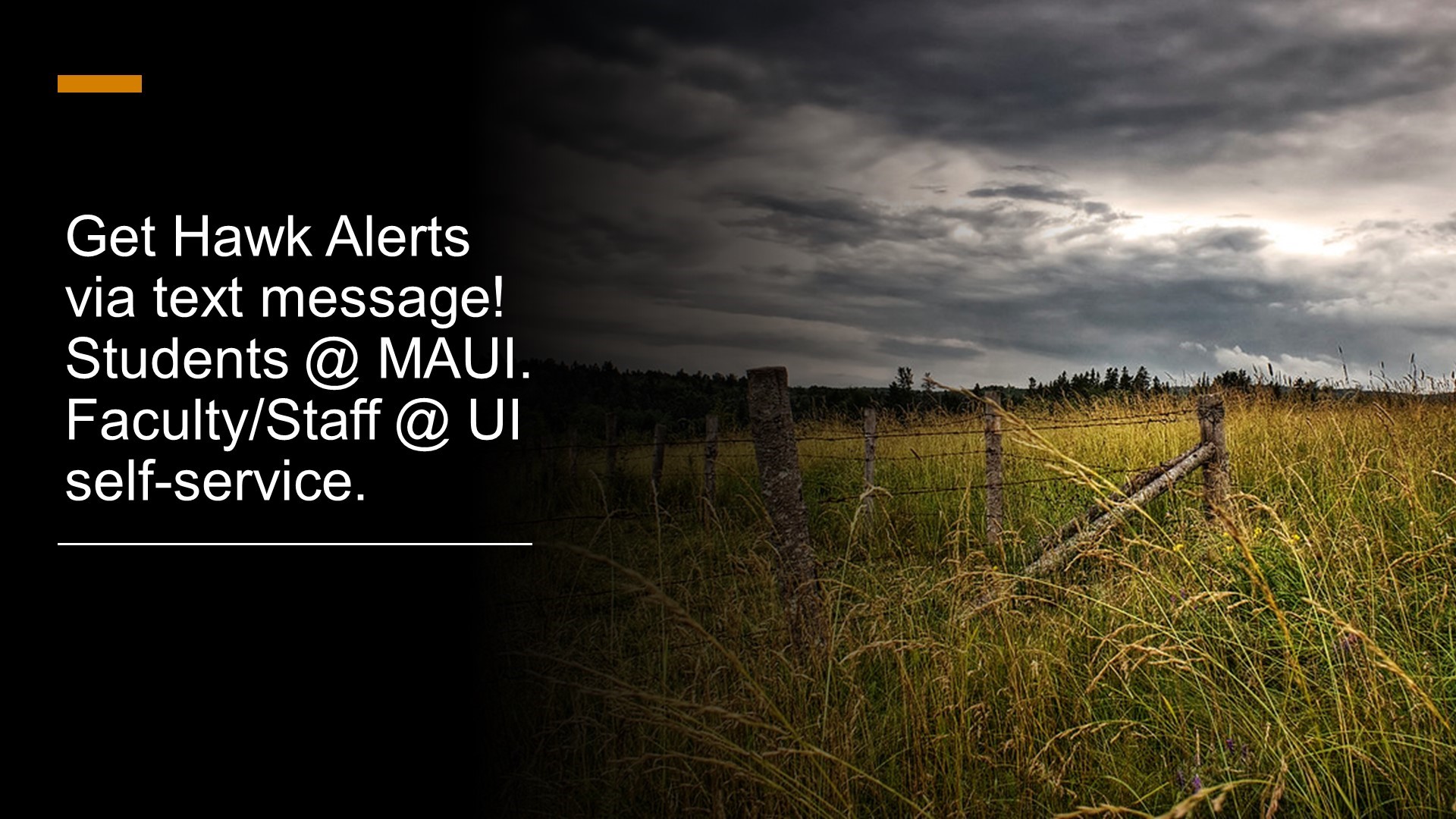 Be aware of severe weather. Update your HawkAlert preferences: Students (MyUI), Faculty/Staff (UI Self-Service site)