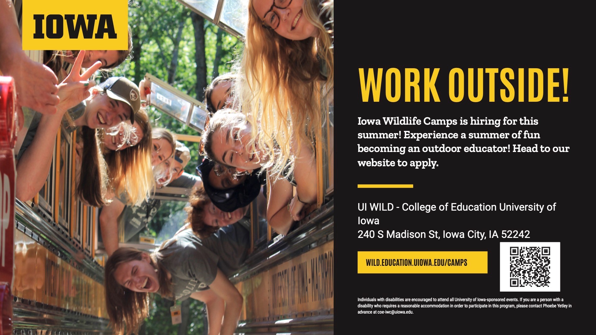 Iowa Wildlife Camps is hiring for this summer. wild.education.uiowa.edu/camps