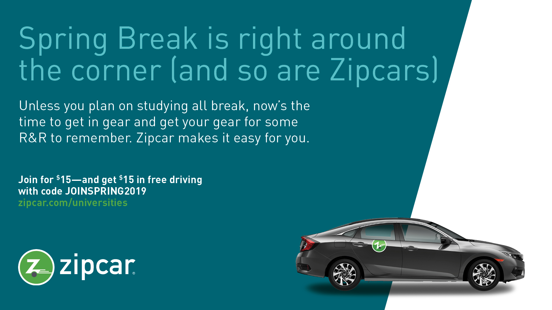 Join Zipcar for $15 and get $!5 in driving credit