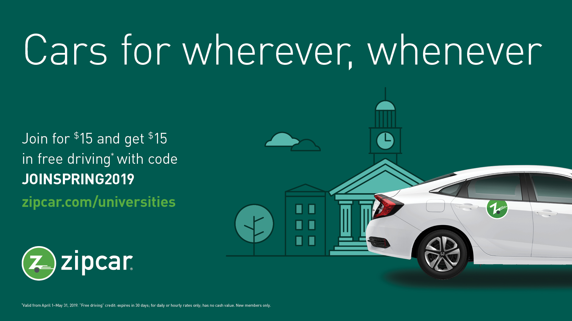 Zipcar membership is $15