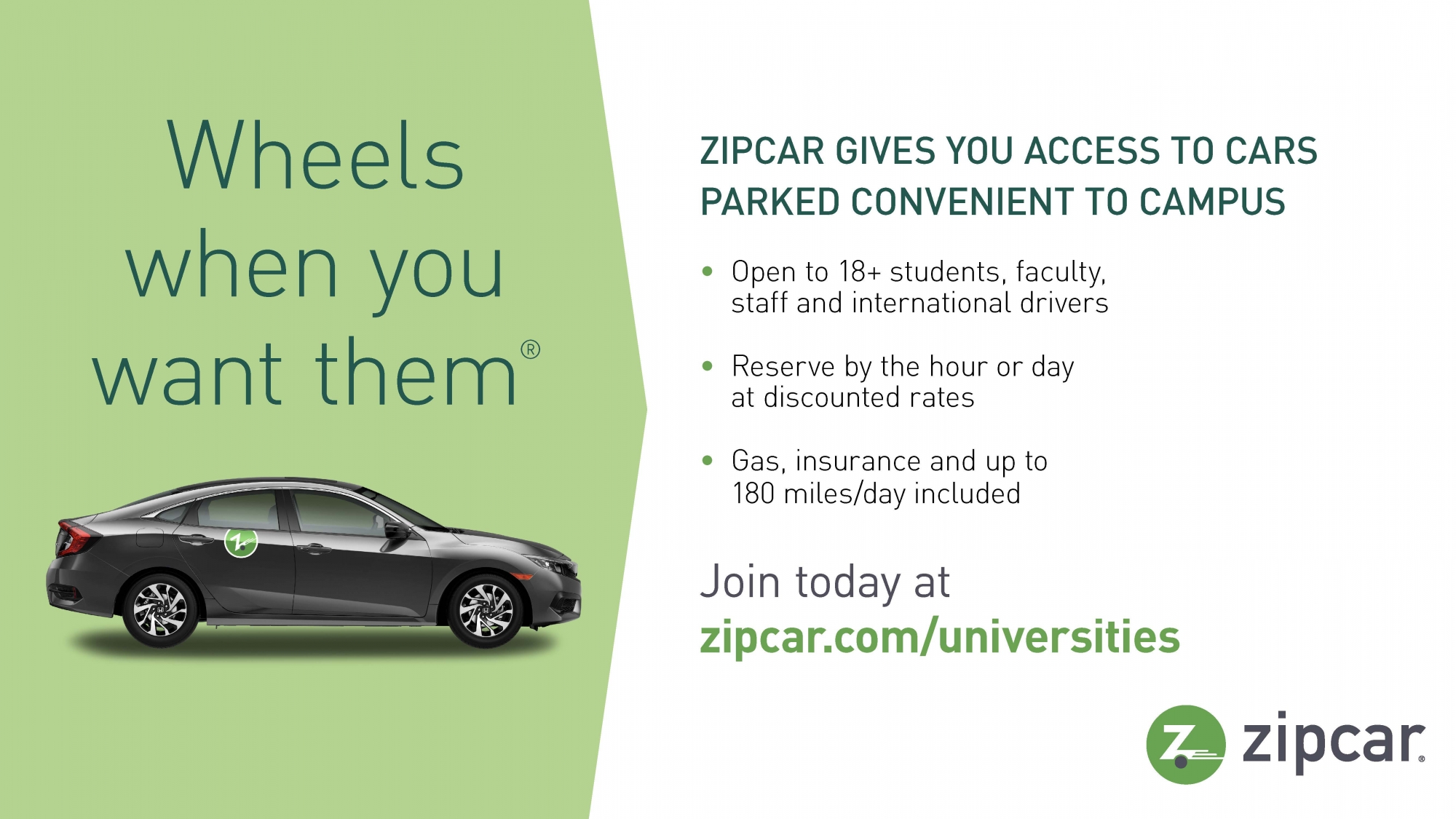 Join Zipcar to rent vehicles on campus