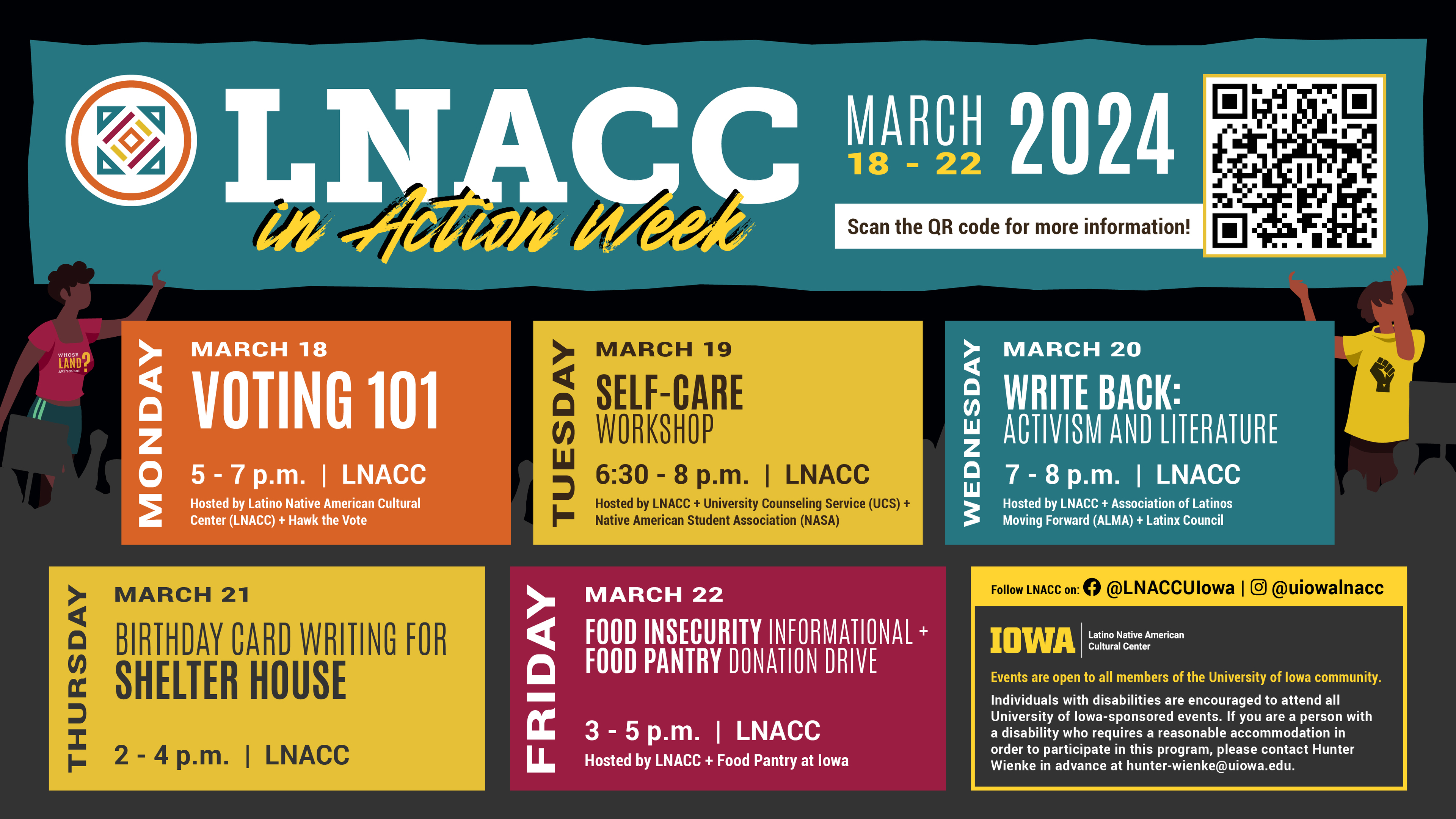 LNACC in Action Schedule (March 18-22): Monday: Voting 101, Tuesday:Self-Care, Wednesday: Write Back, Thursday: Birthday Card writing for shelter house, Friday: Food Insecurity