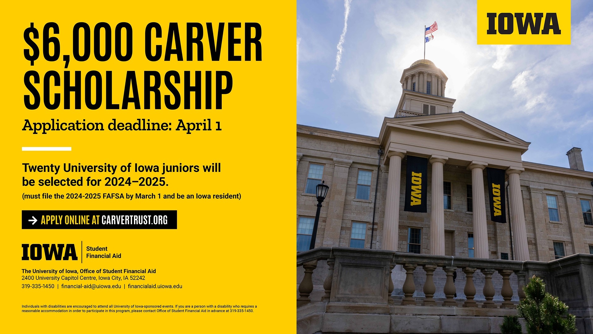 $6,000 Carver Scholarship application deadline is April 1. Learn more at carvertrust.org.