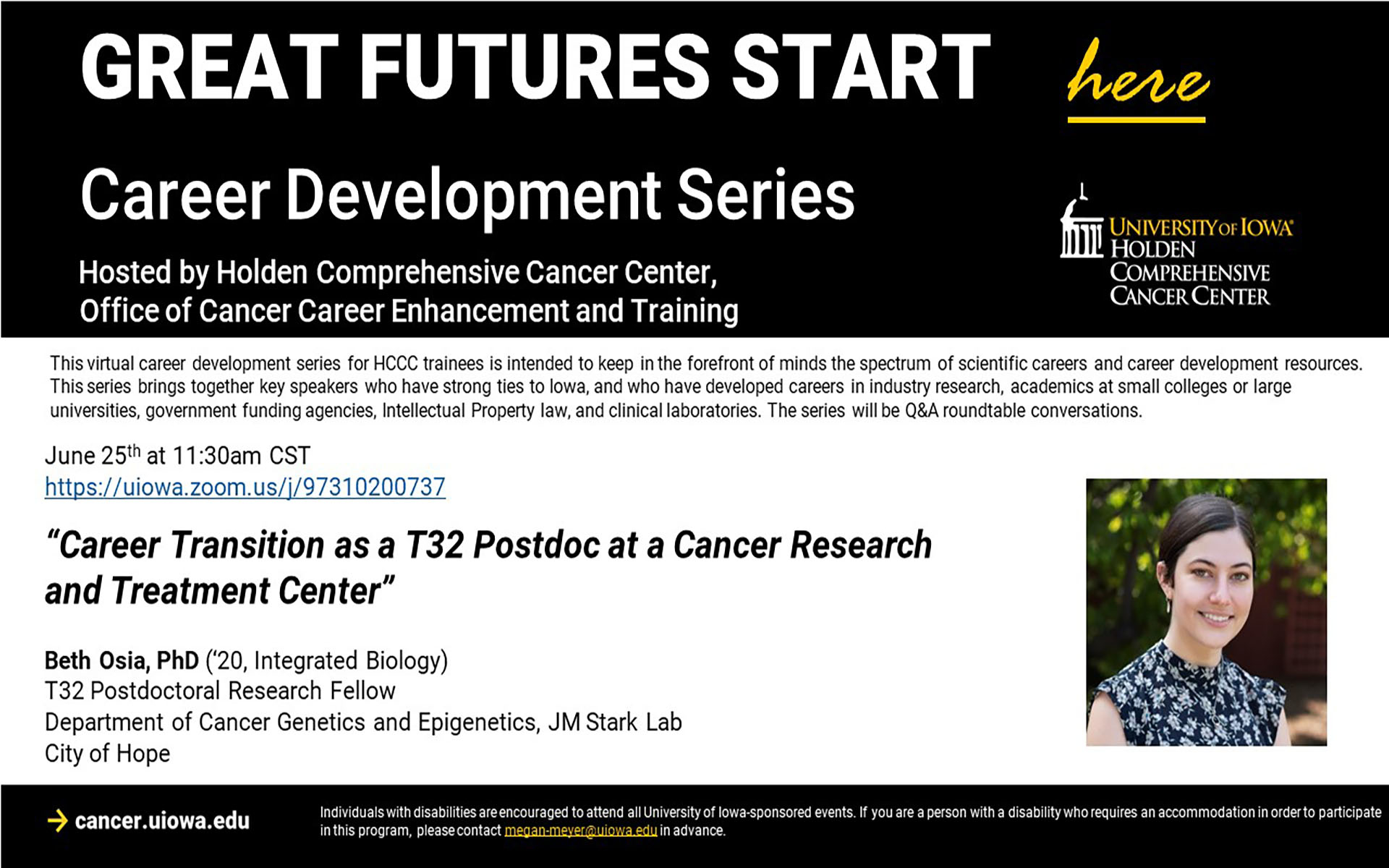Holden Comprehensive Cancer Center Career Development Series with Beth Osia on June 25 at 11:30am CST via Zoom