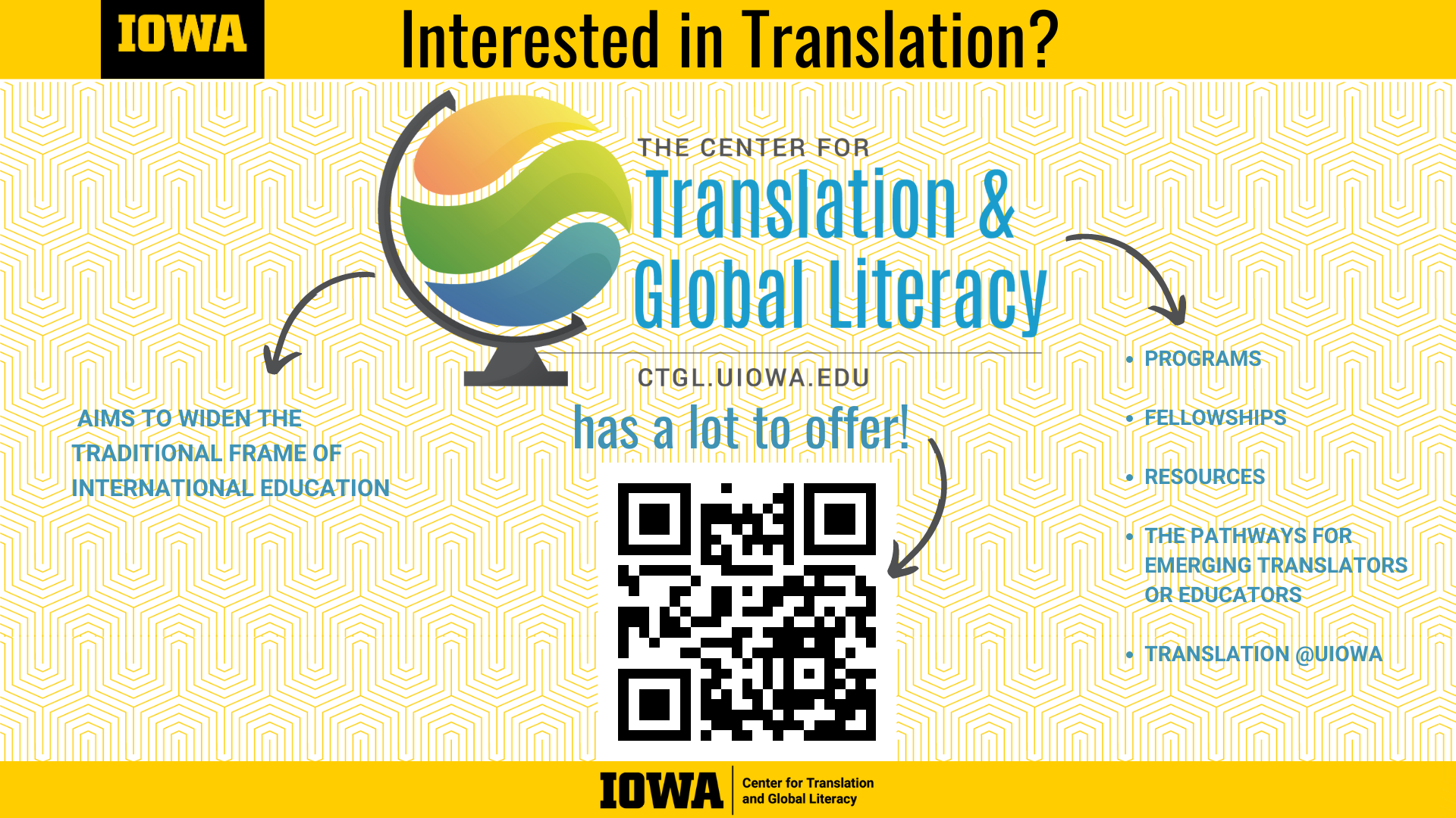 The Center for Translation and Global Literacy; If you're interested, visit us at ctgl.uiowa.edu for more information on programs, fellowships, resources, pathways for emerging translators and educators
