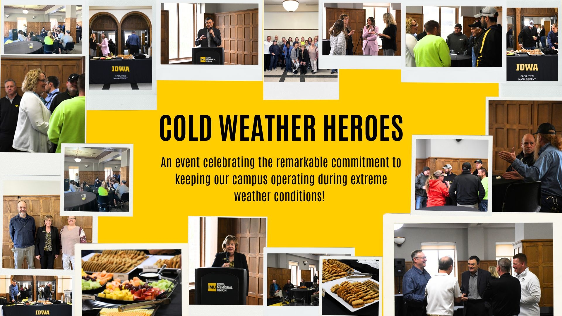A collage showcasing pictures of attendees at the Cold Weather Heroes event as they talk and eat amongst themselves. 