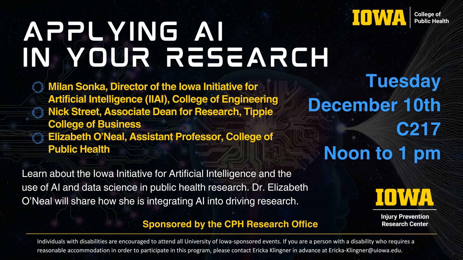 Applying AI in your research workshop is December 10 noon to 1 pm in C217 CPHB.