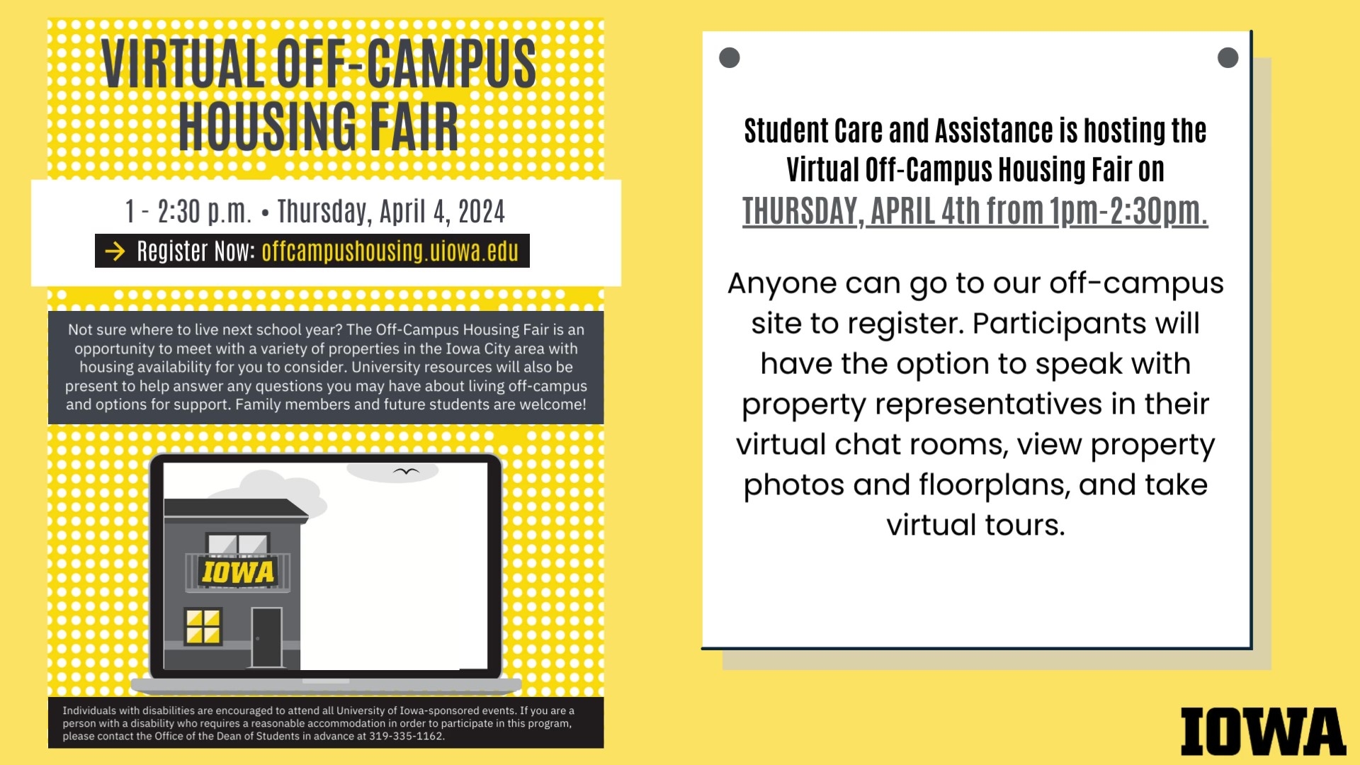 Student Care and Assistance is hosting the Virtual Off-Campus Housing Fair on Thursday, April 4th, from 1pm to 2:30pm.