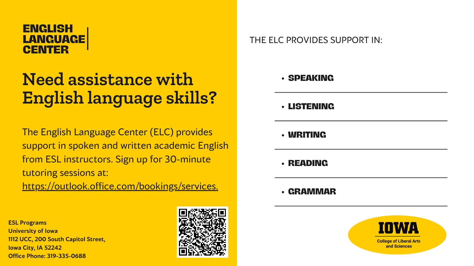 the English Language Center is providing 30-minute tutoring sessions to support those learning English