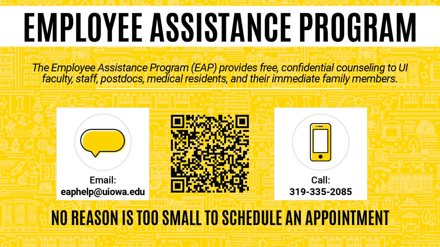 The employee assistance program provides free, confidential counseling to UI faculty, staff, post docs, medical residents and their immediate family members