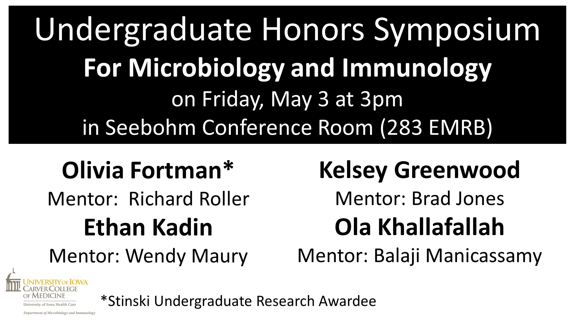 Honors in UG Microbiology Event May 3rd 
