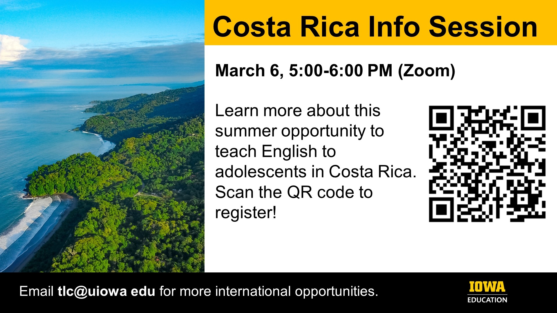 Costa Rica Info Session. 3/6, 5-6p (Zoom) Learn more about this summer opportunity to teach English to adolescents in Costa Rica.
