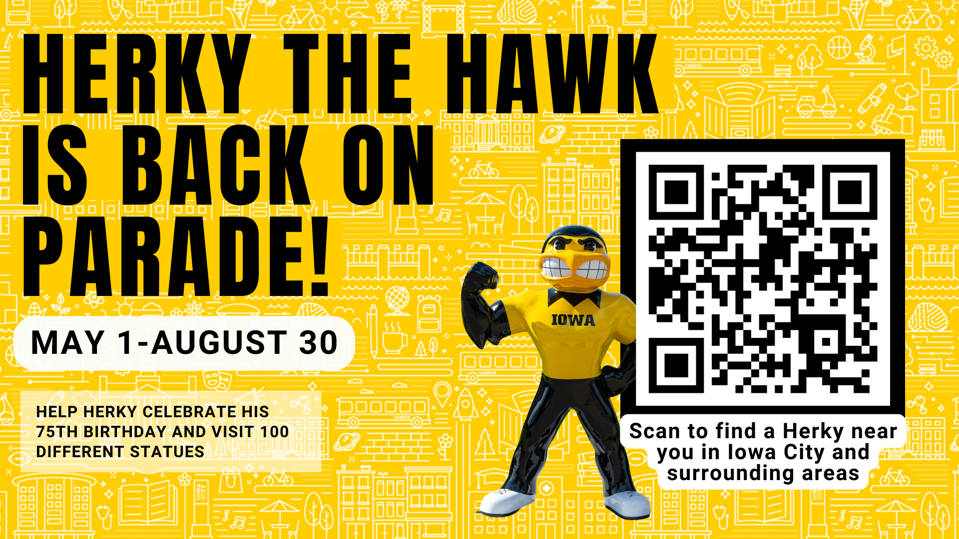 Information about the Herky Hawk Parade. The parade goes from May 1st until August 30th. There are 100 Herky statues around Iowa City and surrounding areas. There is also a QR code that you can scan to find all of the Herkys. 