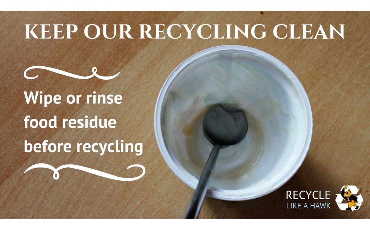 Pictured: five types of materials that may be recycled when clean and empty - plastic containers, cartons, metal containers like tin cans, cardboard, and paper products. 