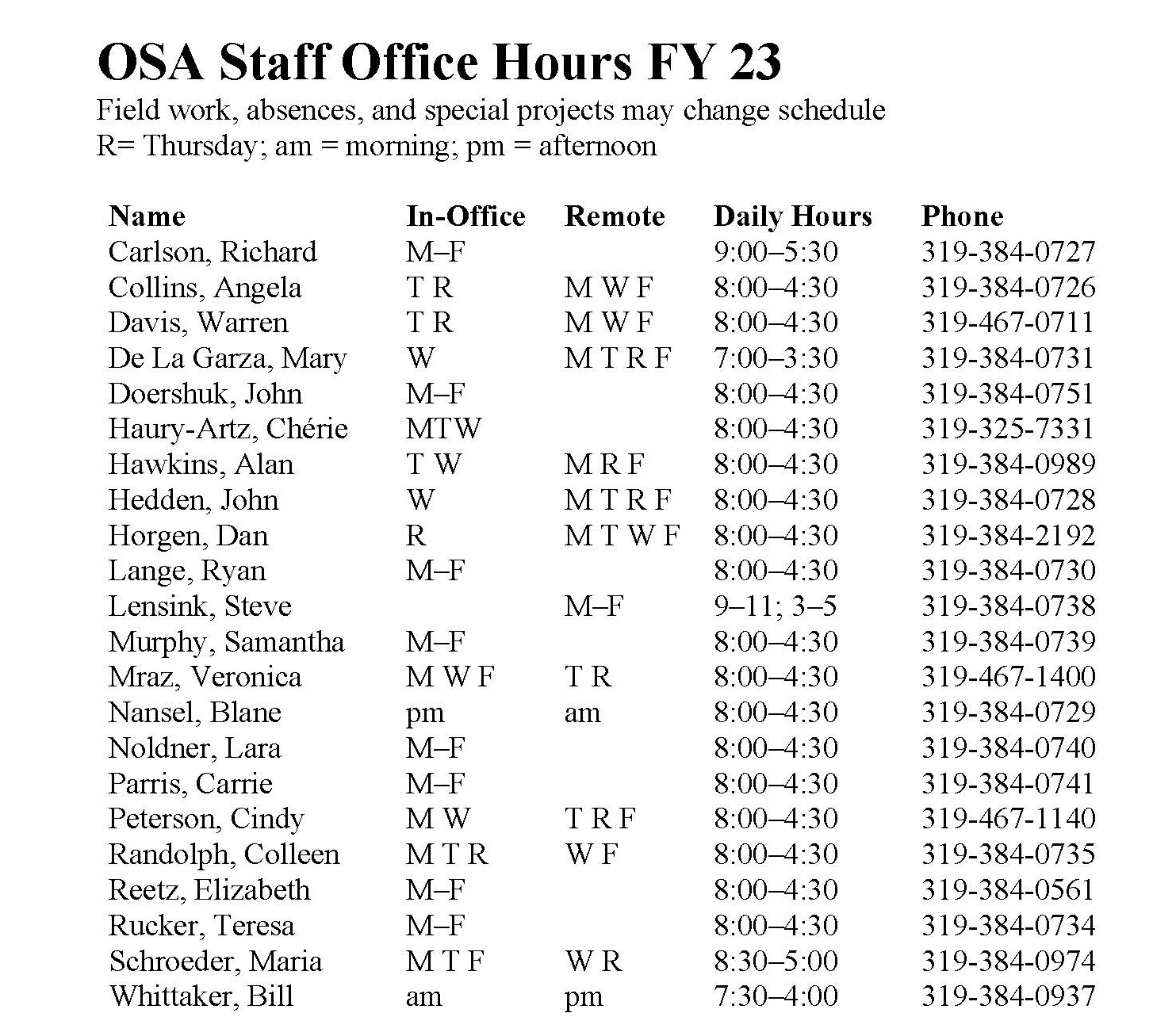 Staff Office Schedules