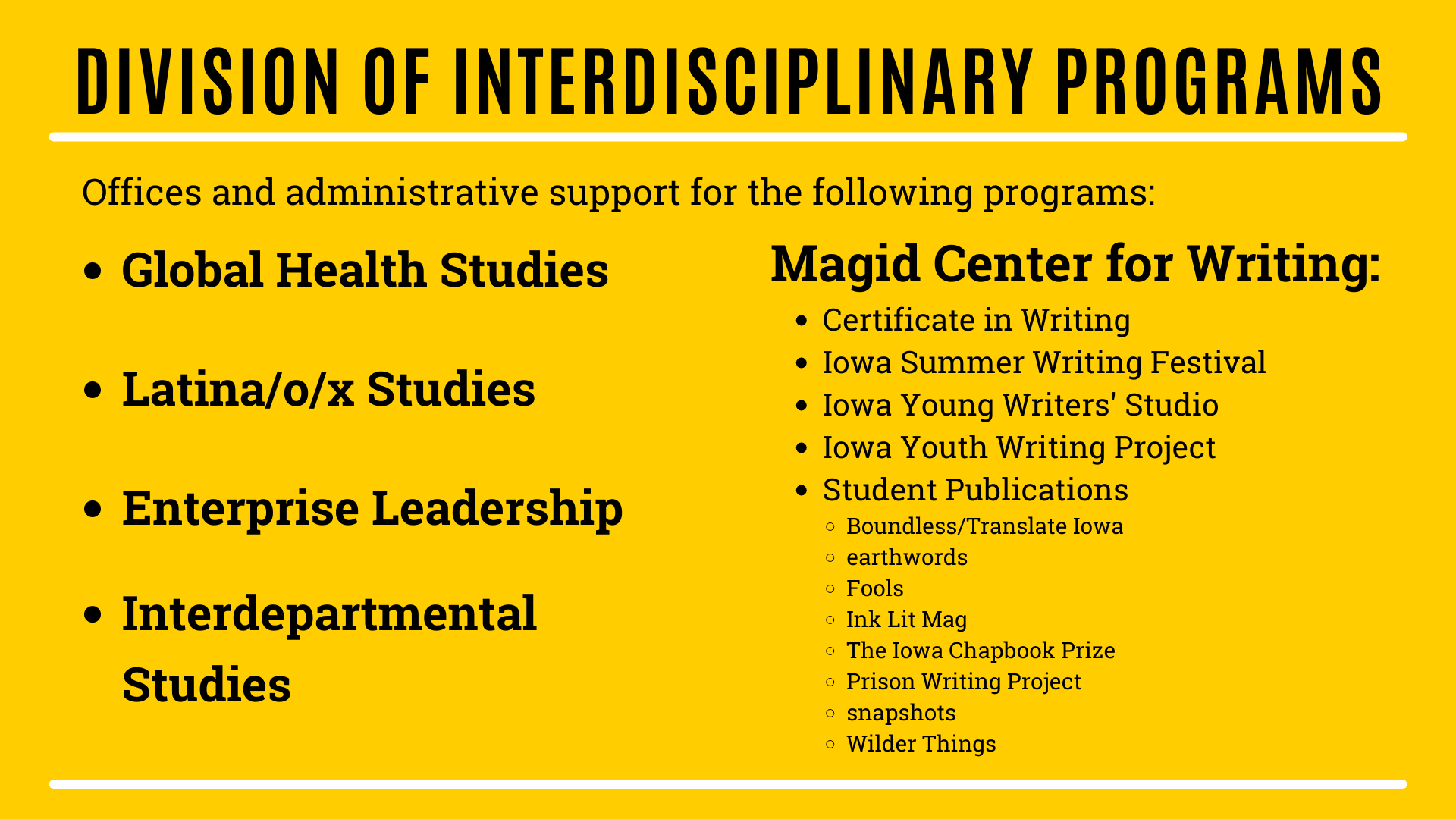 List of programs in the Division of Interdisciplinary Programs: Global Health Studies, Latina/o/x Studies, Enterprise Leadership, Interdepartmental Studies. Also provides services for Magid Center for Writing, Certificate in Writing, Iowa Summer Writing Festival, Iowa Young Writers' Studio, Iowa Youth Writing Project, and Student Publications, including Boundless/Translate Iowa, earthwords, Fools, Ink Lit Mag, The Iowa Chapbook Prize, Prison Writing Project, snapshots, and Wilder Things.
