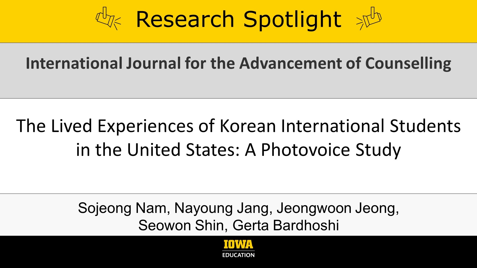 Research Spotlight: The Lived Experiences of Korean International Students in the United States: A Photovoice Study. In International Journal for the Advancement of Counselling