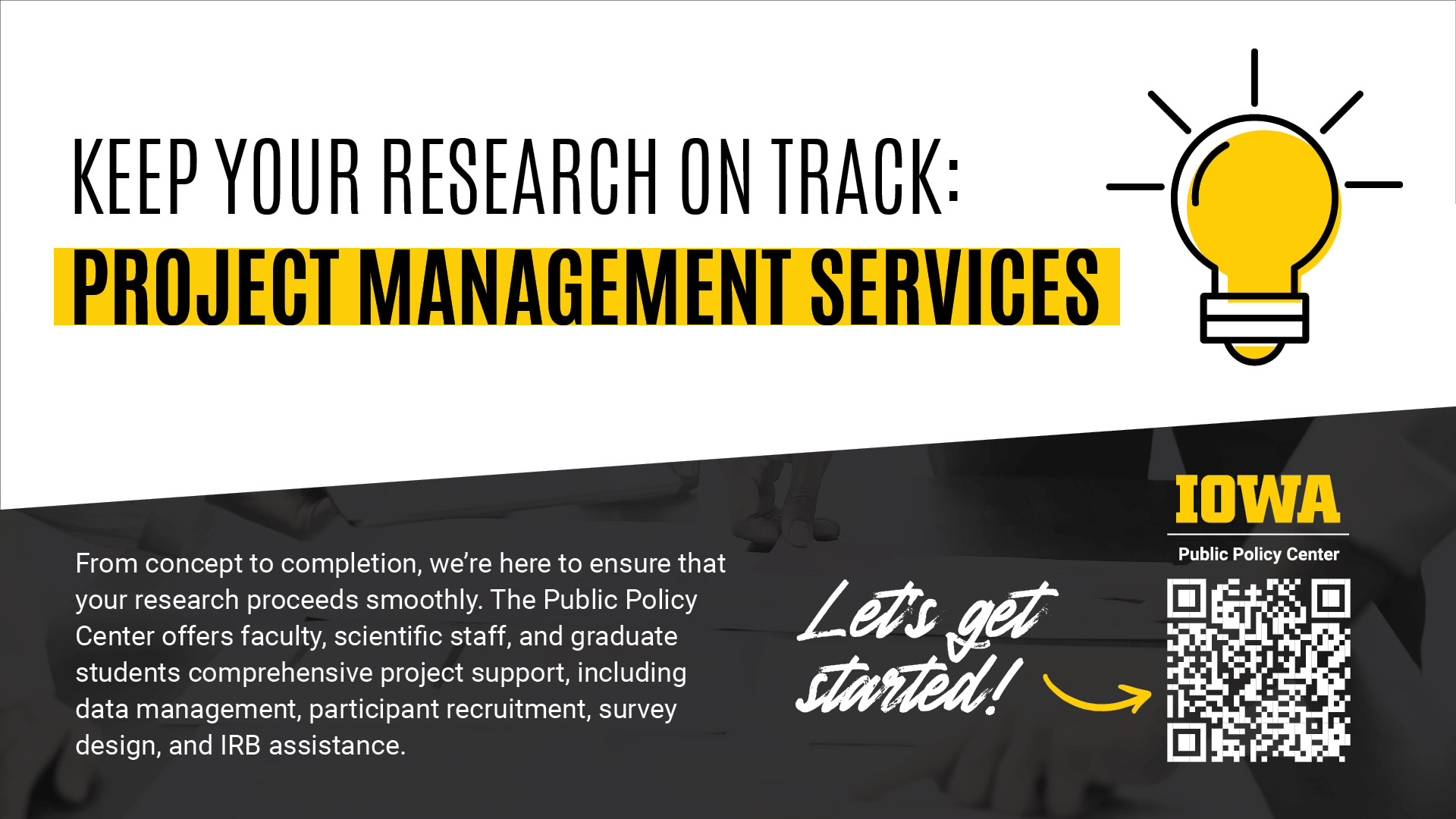 Text that says "Keep Your Research on Track: Project Management Services" next to a lightbulb icon and a description of the PPC's transcription services.