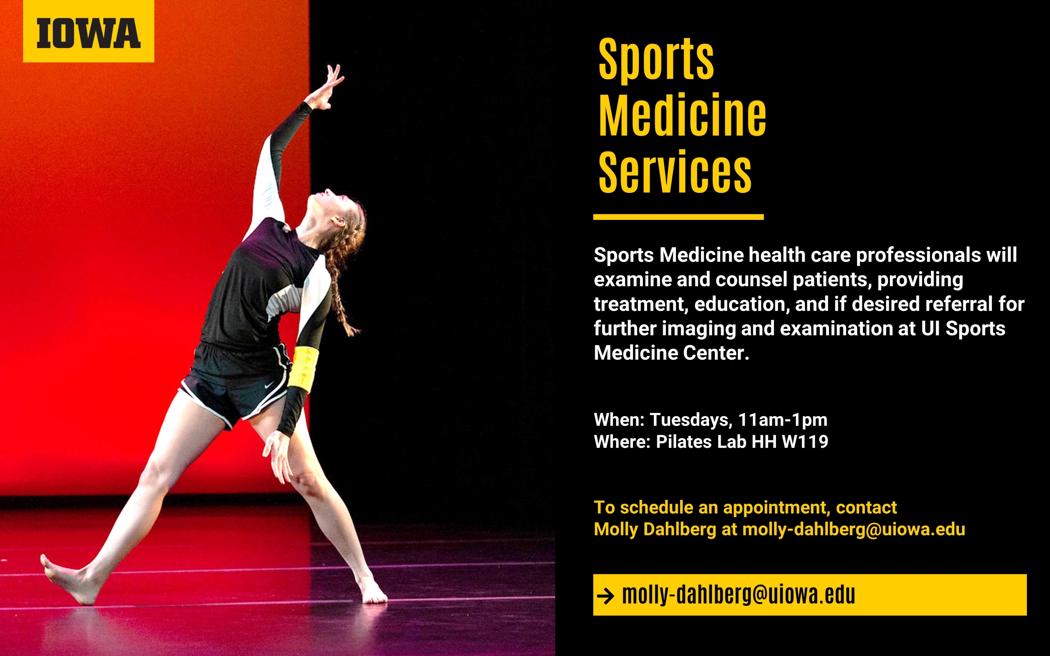 Sports Medicine Appointments available Tuesdays 11-1, HH W119, molly-dahlberg@uiowa.edu
