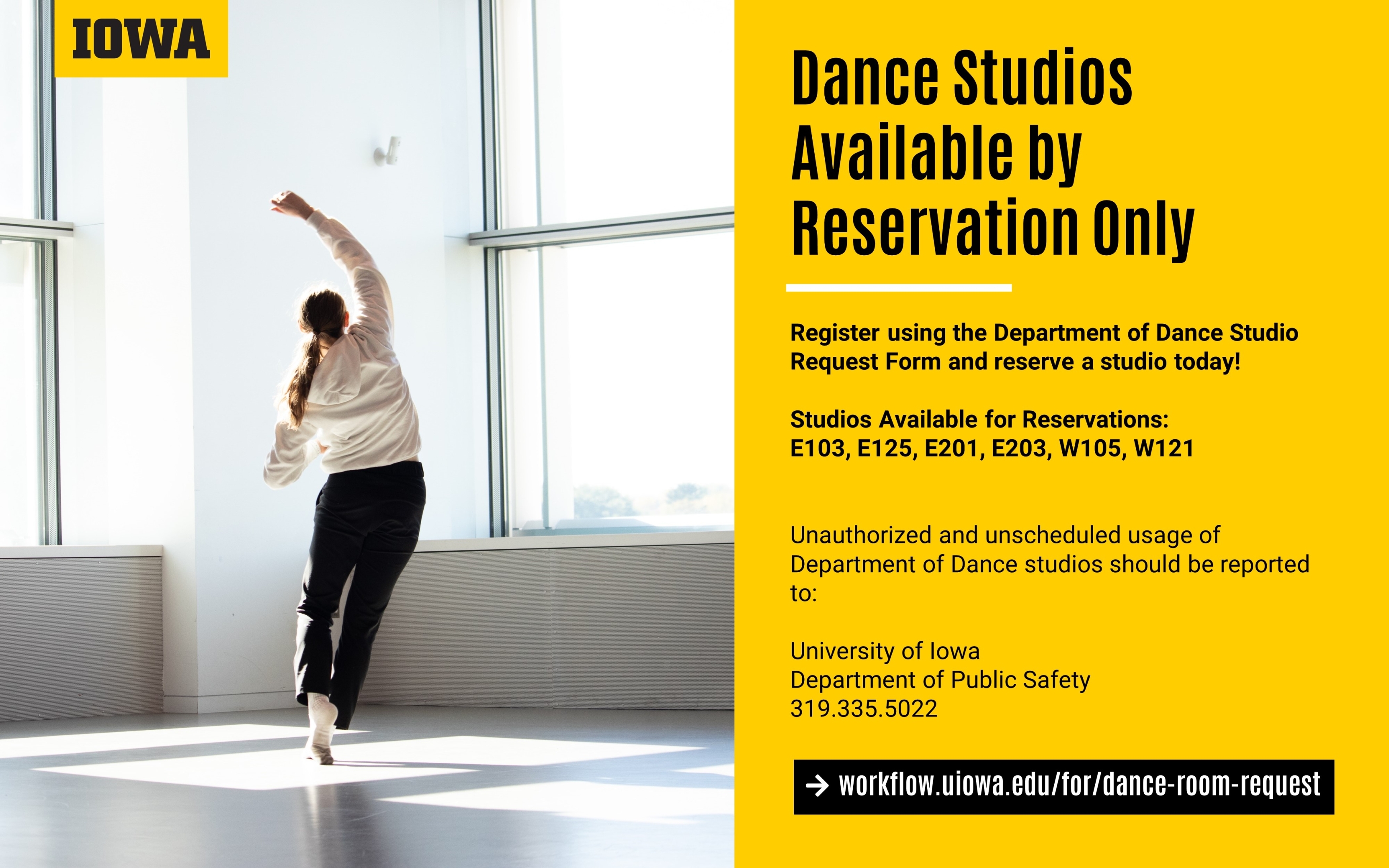 Dance Studios available by reservation only, workflow.uiowa.edu/for/dance-room-request
