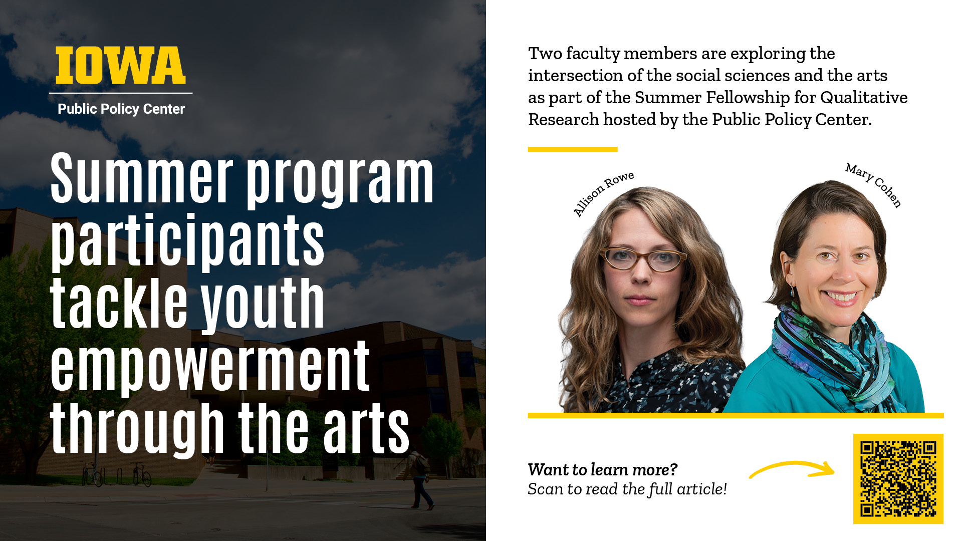 Mary Cohen and Allison Rowe's headshots sit beside text that says, "Summer program participants tackle youth empowerment through the arts."
