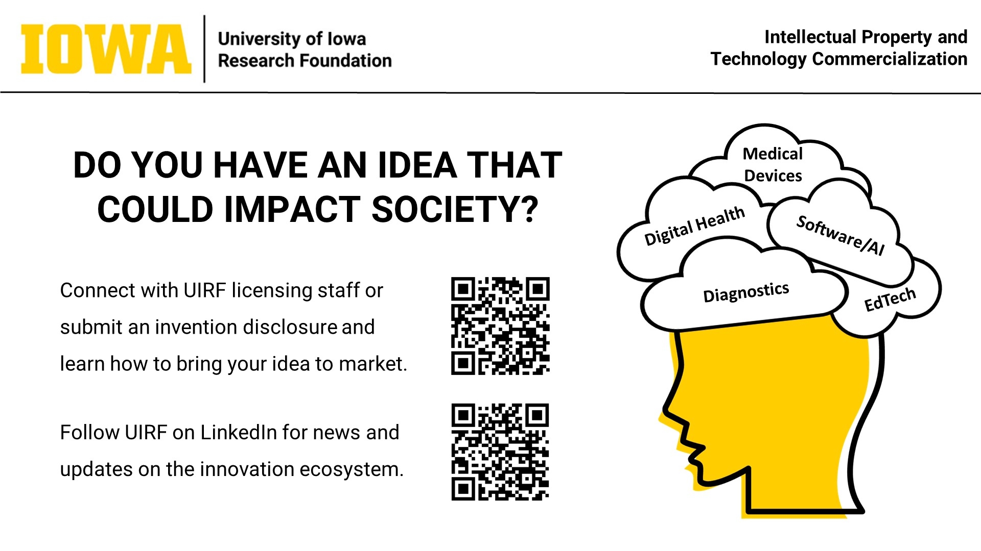 Have an idea that could impact society? Connect with the University of Iowa Research Foundation to learn how to bring your idea to market