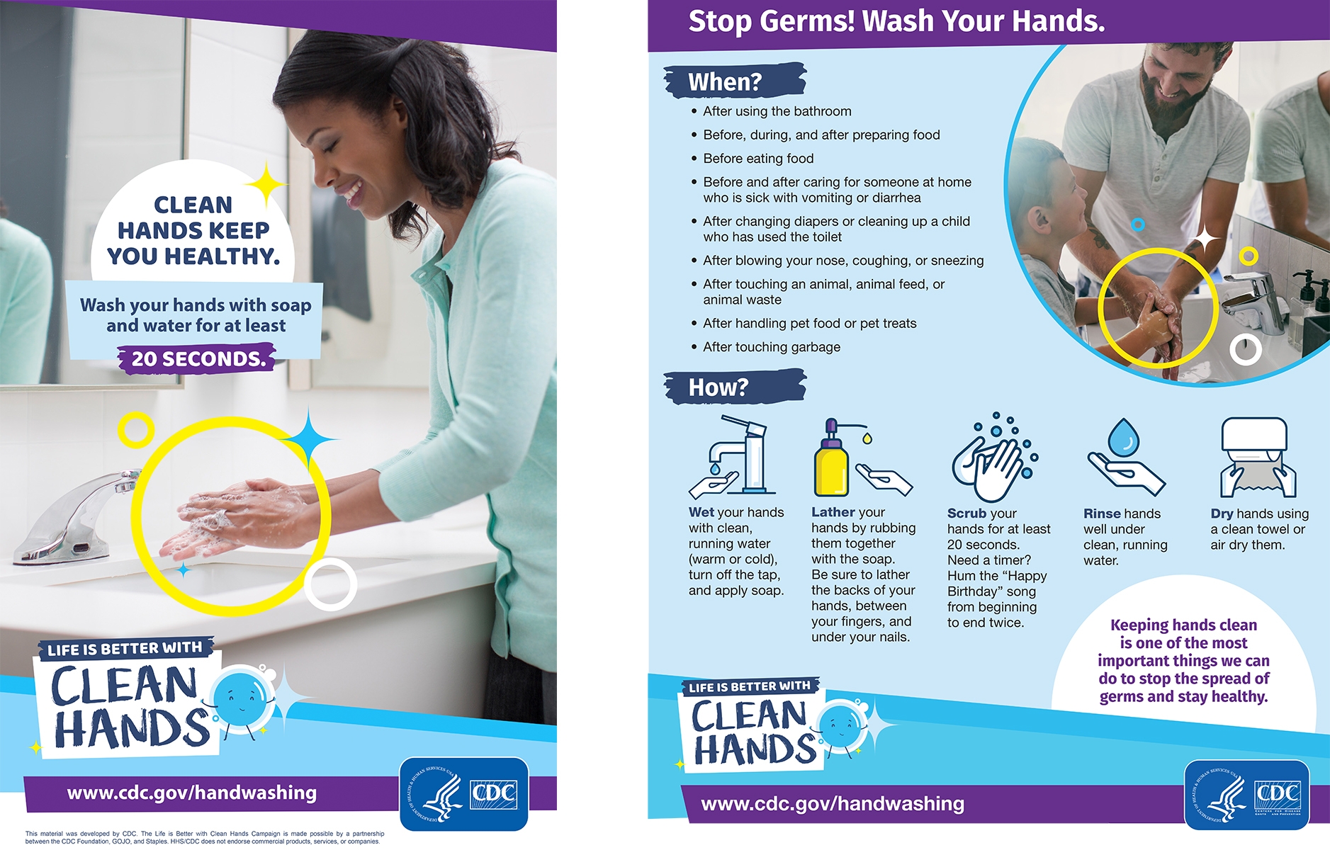 Follow Five Steps to Wash Your Hands the Right Way Washing your hands is easy, and it’s one of the most effective ways to prevent the spread of germs. Clean hands can stop germs from spreading from one person to another and throughout an entire community—from your home and workplace to childcare facilities and hospitals.  Follow these five steps every time.  Wet your hands with clean, running water (warm or cold), turn off the tap, and apply soap. Lather your hands by rubbing them together with the soap. Lather the backs of your hands, between your fingers, and under your nails. Scrub your hands for at least 20 seconds. Need a timer? Hum the “Happy Birthday” song from beginning to end twice. Rinse your hands well under clean, running water. Dry your hands using a clean towel or air dry them.